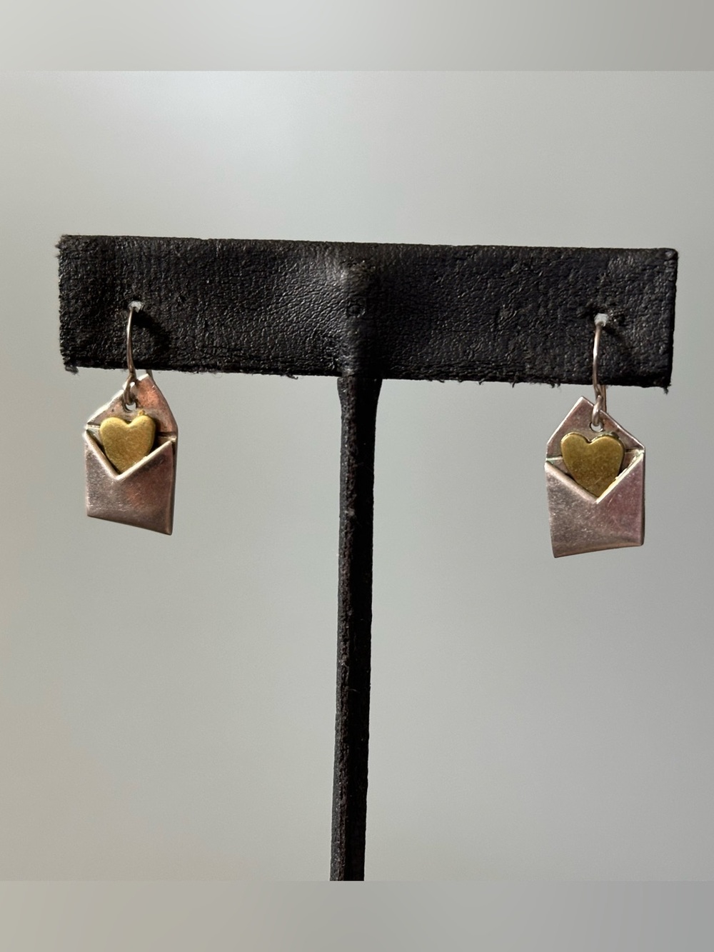 Sterling Silver Envelope Drop Earrings w/ Brass Heart Romance Book Lover Twee